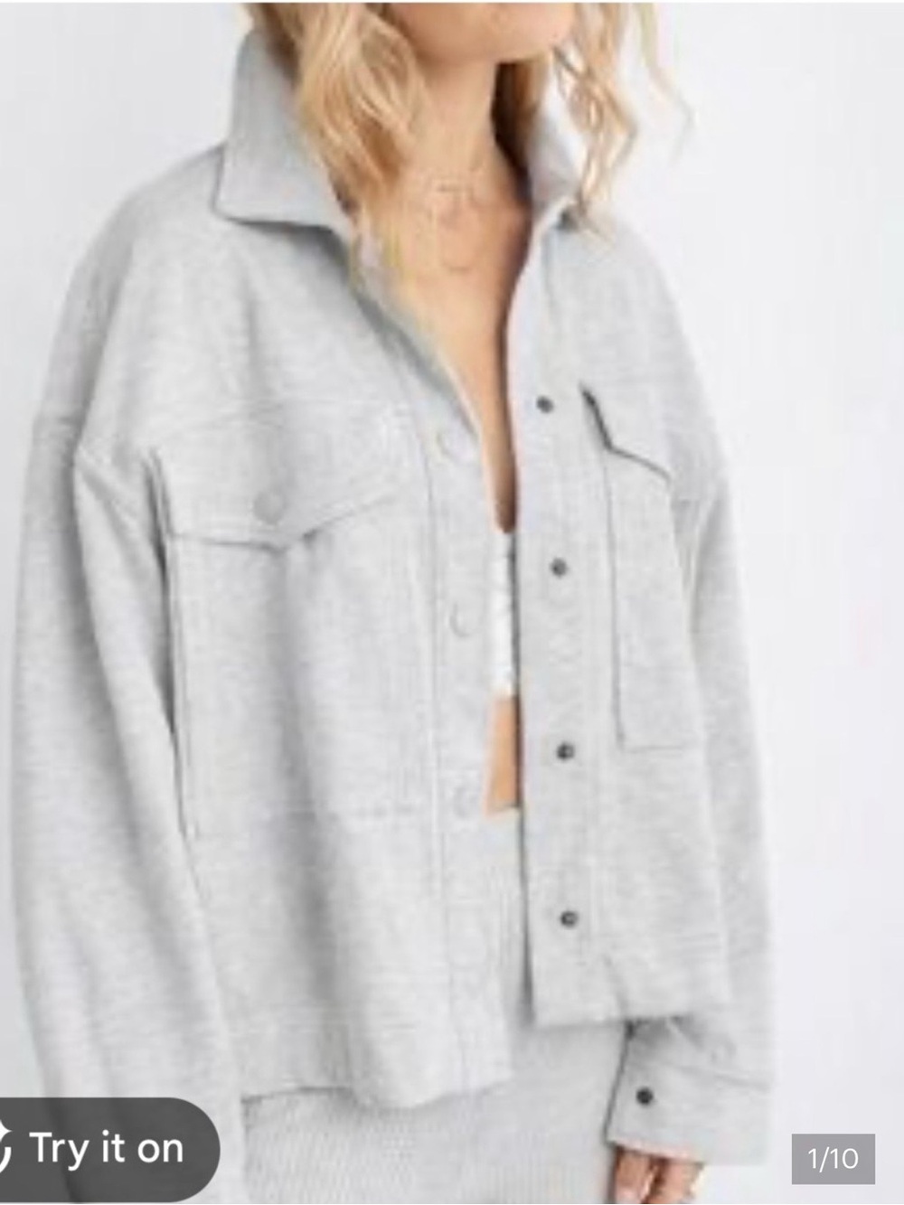 aerie Light Gray Cotton Snap-Front Utility Shacket - Picture 4 of 4